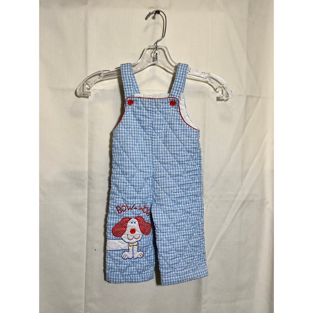 Vintage Baby Blue Kids or Toddlers Romper Overalls w/ Dog Applique (18MS)